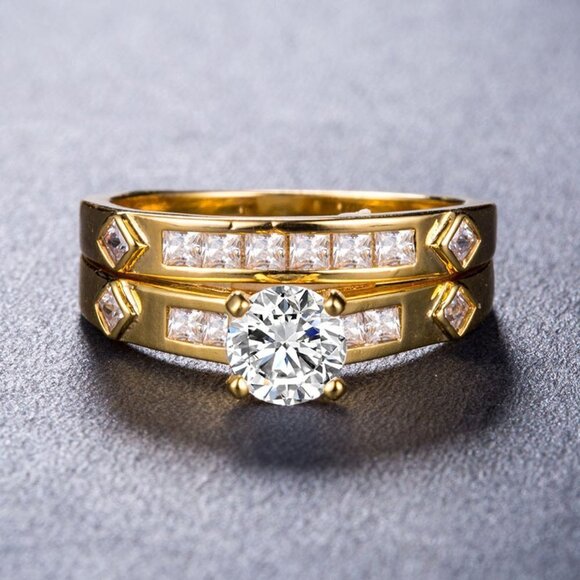 2pcs Couple Engagement Rings for Women Men CZ Brass Ring, HA4666 - Picture 2 of 4